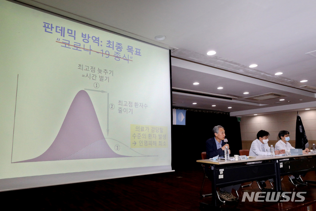 [서울=뉴시스] 조수정 기자 = 국립중앙의료원 신종감염병 중앙임상위원회 기자회견이 열린 21일 오후 서울 중구 을지로 국립중앙의료원 연구동에서 오명돈 중앙임상위원장, 정기현 국립중앙의료원장, 방지환(왼쪽부터) 중앙감염병병원운영센터장이 코로나19 재확산에 따른 지침 개정 및 권고사항 등에 대한 질문에 답하고 있다. 2020.06.21. chocrystal@newsis.com