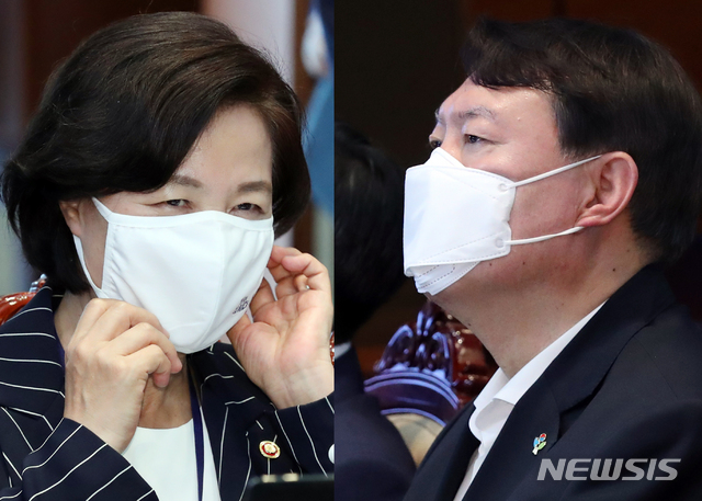 [서울=뉴시스]박영태 기자 = 추미애 법무부 장관과 윤석열 검찰총장이 22일 청와대 여민관에서 열린 제6차 공정사회 반부패정책협의회에 참석해 앉아 있다. 2020.06.22. since1999@newsis.com