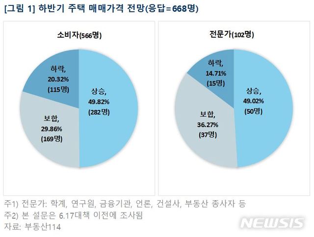 [서울=뉴시스]24일 부동산114는 부동산 전문가 102명과 소비자 566명을 대상으로 '2020년 하반기 주택 시장 전망' 설문을 실시한 결과 응답자의 49%가 매매가격이 상승할 것으로 예상했다고 밝혔다. (제공 = 부동산114) 2020.06.24.