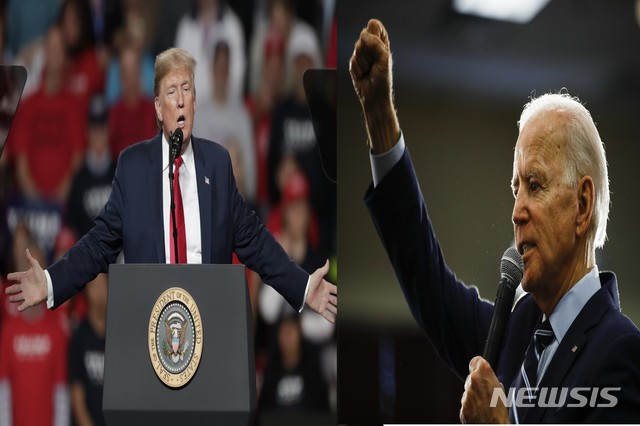 [서울=뉴시스] 2020년 11월 미국 대선에서 맞불을 공화당 도널드 트럼프 대통령(왼쪽)과 민주당 대선후보 조 바이든. (사진=뉴시스DB) 2020.6.24.