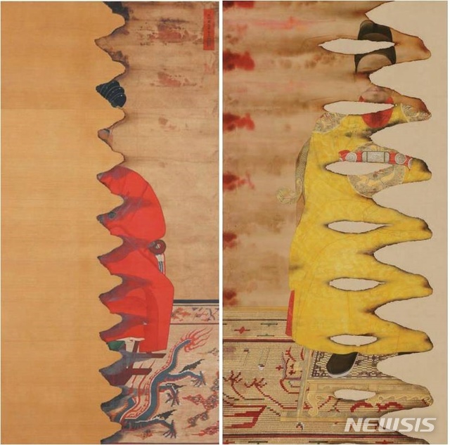 [서울=뉴시스]왼쪽은 조선 23대 국왕인 순조(純祖)의 어진으로, 영희전에 봉안돼 있던 어진을 이모(서화를 본떠서 그림)한 작품이다. 검은 원유관과 붉은 강사포를 착용한 것이 특징이다. 오른쪽은 대한제국 마지막 황제였던 순종(純宗)의 어진이다. 익선관과 곤룡포를 착용한 것이 특징이며, 조선왕조의 마지막 어진 제작 양상을 보여주는 귀한 자료다.(사진=문화재청 제공)2020.06.24 photo@newsis.com