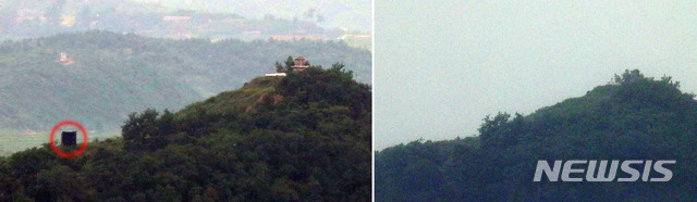 [파주=뉴시스] 고범준, 홍효식 기자 = 북한이 최전방에 설치한 대남 확성기를 철거하는 움직임이 우리 군에 포착된 것으로 밝혀진 24일 경기 파주시 오두산 전망대에서 바라본 북한 지역에 이전 모습(왼쪽)과 달리 대남 확성기의 모습이 보이지 않고 있다. 2020.06.24. yesphoto@newsis.com