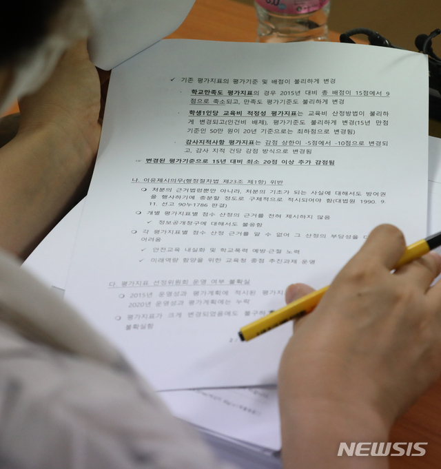 [서울=뉴시스] 조수정 기자 = 국제중학교 지정 취소 처분을 받은 대원국제중학교 청문이 열린 25일 오전 서울 종로구 신문로 서울시교육청 학교보건진흥원에서 주재자인 정연순 변호사가 요지문을 보고 있다. 2020.06.25. chocrystal@newsis.com