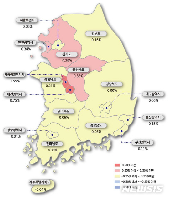 [세종=뉴시스] 6월 22일 조사된 시도별 아파트 매매가격지수 변동률(자료=한국감정원)