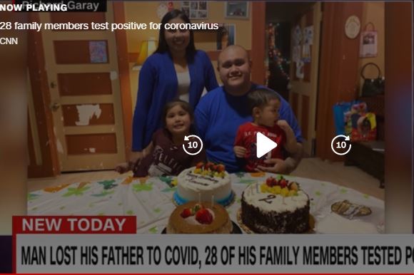 [서울=뉴시스]6월 한 달새 일가족 최소 28명이 신종 코로나바이러스감염증(코로나19)에 걸려 그중 아버지를 잃은 미국의 리처드 가레이라는 27살 남성이 코로나19의 위험성을 알려 경각심을 높이기 위해 자신 가족들의 이야기를 공개했다. 그는 "파티나 대규모 모임에 간 적이 없다며 어떻게 코로나19에 걸렸는지 알지 못한다. 코로나19에 노출되는 것은 순식간의 일이다"라고 말했다. 사진은 가레이 가족의 모습. <사진 출처 : CNN 동영상 캡처> 2020.6.29