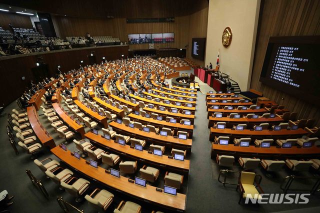 [서울=뉴시스]김선웅 기자 = 박병석 국회의장이 29일 오후 서울 여의도 국회 본회의장에서 미래통합당 의원들이 불참한 가운데 열린 제379회국회(임시회) 제6차 본회의에서 11개 상임위원장 선출을 알리고 있다. 2020.06.29. mangusta@newsis.com