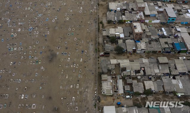 [리마=AP/뉴시스]6월 30일(현지시간) 신종 코로나바이러스 감염증(코로나19) 대유행 중 페루 리마 외곽의 비야 엘살바도르에 있는 크리스토 엘살바도르 공동묘지에 묘비들이 흩어져 있다. 2020.07.01.