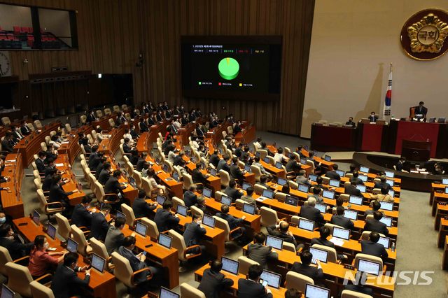 [서울=뉴시스]김선웅 기자 = 3일 오후 서울 여의도 국회 본회의장에서 미래통합당이 불참한 가운데 열린 제379회국회(임시회) 제7차 본회의에서 3차 추가경정예산안이 가결되고 있다. 2020.07.03.&nbsp; mangusts@newsis.com