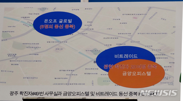 [광주=뉴시스] 변재훈 기자 = 광주지역 신종 코로나바이러스 감염증(코로나19) 확진자가 110명으로 집계되고 있는 가운데 5일 오후 광주 서구 광주시청 브리핑룸에서 방역당국이 금양 오피스텔 확진자 입증에 사용한 '휴대전화 핫스폿 분석 자료'를 공개했다. 2020.07.05.wisdom21@newsis.com