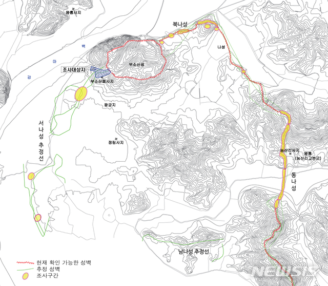 [서울=뉴시스]부여 나성 조사현황도(사진=문화재청 제공)2020.07.06 photo@newsis.com