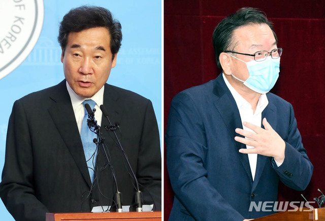 [서울=뉴시스] 장세영 기자 = 이낙연(왼쪽) 더불어민주당 의원이 7일 서울 여의도 국회 소통관에서 기자회견을 열고 더불어민주당 당대표 출마선언하고 있다, 같은날 더불어민주당 당대표 출마를 이틀 앞둔 김부겸 전 의원이 광주시의회를 방문해 기자간담회를 갖고 있다. (오른쪽 사진= 광주시의회제공) 2020.07.07. photo@newsis.com