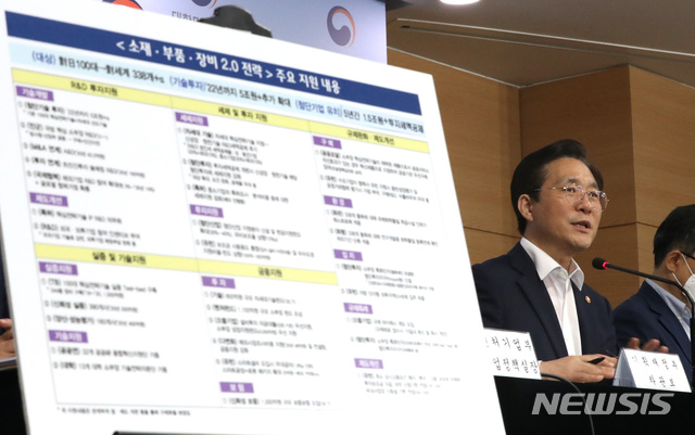 [서울=뉴시스] 전진환 기자 = 성윤모 산업통상자원부장관이 8일 오전 소재·부품·장비 2.0 전략 관련 관계부처 합동브리핑이 열린 서울 종로구 정부서울청사 브리핑룸에서 전략을 발표하고 있다. 2020.07.09.&nbsp; amin2@newsis.com