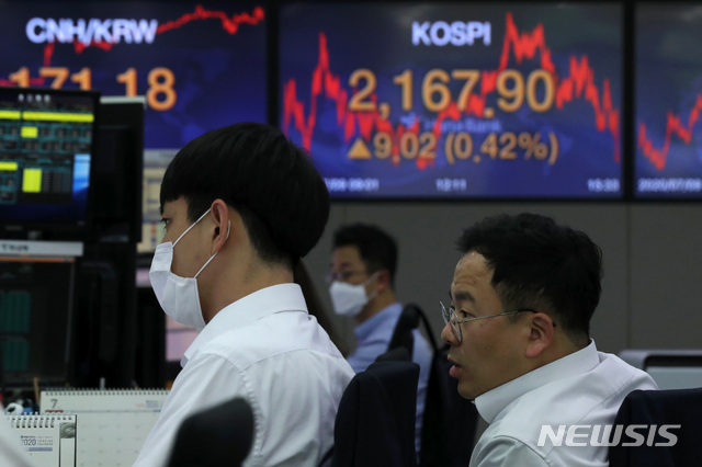 [서울=뉴시스]이윤청 기자 = 코스피지수가 전 거래일 대비 9.02포인트(0.42%) 오른 2167.90, 코스닥 지수는 전 거래일 대비 6.94포인트(0.91%) 오른 772.90에 마감한 9일 오후 서울 중구 하나은행 딜링룸에서 직원들이 업무를 보고 있다. 이날 원·달러 환율은 전 거래일과 동일한 1195.5원에 마감했다. 2020.07.09.&nbsp; radiohead@newsis.com