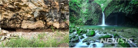 [서울=뉴시스] 한탄강국가지질공원 내 백의리층(좌)과 비둘기낭 폭포(우). (사진=환경부 제공). 2020.07.10. photo@newsis.com
