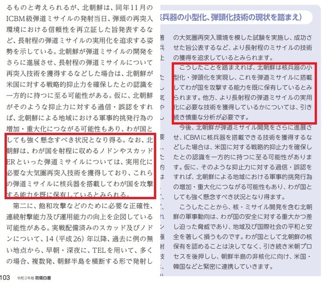 [서울=뉴시스]14일 일본 방위성이 공개한 2020년판 방위백서에는 북한 관련 "탄도미사일 핵무기를 탑재해 우리나라(일본)를 공격하는 능력을 이미 보유하고 있는 것으로 보인다"는 기술이 포함됐다. 방위백서 103·104 페이지 부분. 사진은 일본 방위성 홈페이지가 공개한 방위백서 갈무리. 2020.07.14. 