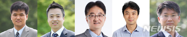 사진설명= 과학기술정보통신부 주관 기초연구실 지원사업에 선정된 인하대 (사진 왼쪽부터)정종훈 물리학과 교수, 김선민 기계공학과 교수, 권순조 생명공학과 교수, 전태준 생명공학과 교수, 양회창 화학공학과 교수. (사진= 인하대 제공)