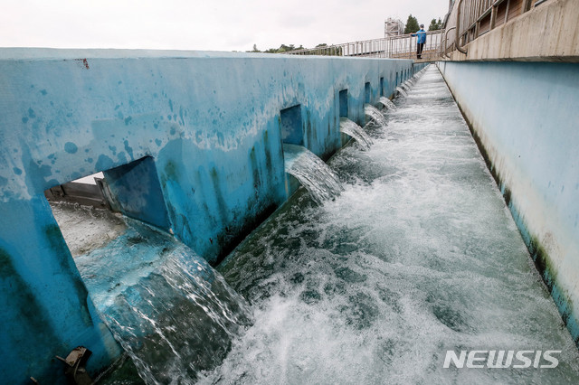 [서울=뉴시스]김병문 기자 = 서울시는 중구 소재 아파트 욕실에서 유충이 발견됐다는 신고와 관련해 "채수 시료에 대한 현미경 관찰 결과 수돗물에서 이물질 및 유충이 발견되지 않았다"고 20일 밝혔다. 사진은 이날 오후 서울 성동구 뚝도아리수정수센터에서 관계자가 침전지를 둘러보는 모습. 2020.07.20. dadazon@newsis.com