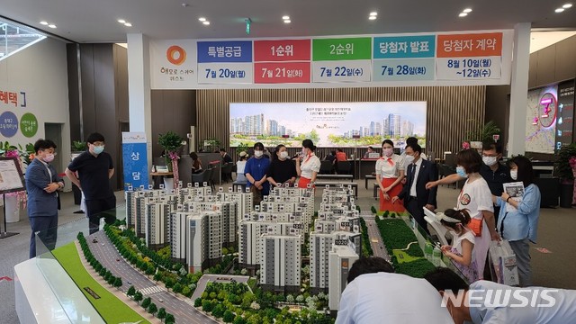 동대구 해모로 스퀘어 웨스트 견본주택을 방문한 소비자들이 로비 중앙에 위치한 모형을 마스크를 낀채 관람하고 있다.