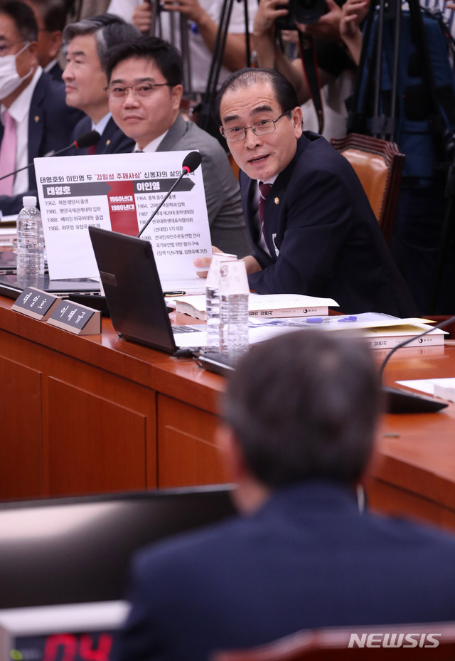 [서울=뉴시스]김선웅 기자 = 태영호 미래통합당 의원이 23일 서울 여의도 국회에서 열린 이인영 통일부장관 후보자 인사청문회에서 후보자에게 질의하고 있다. 2020.07.23.&nbsp; mangusta@newsis.com