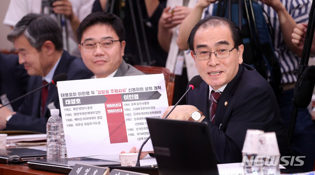 [서울=뉴시스]김선웅 기자 = 태영호 미래통합당 의원이 23일 서울 여의도 국회에서 열린 이인영 통일부장관 후보자 인사청문회에서 후보자에게 질의하고 있다. 2020.07.23.&nbsp; mangusta@newsis.com