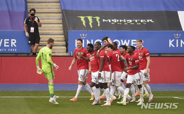 [레스터=AP/뉴시스] 맨유가 3위로 다음 시즌 UEFA 챔피언스리그 출전권을 따냈다. 2020.07.26.