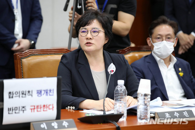 [서울=뉴시스]김선웅 기자 = 조수진 미래통합당 의원이 29일 오후 서울 여의도 국회에서 열린 운영위원회 1차 전체회의에서 발언하고 있다. 2020.07.29. mangusta@newsis.com
