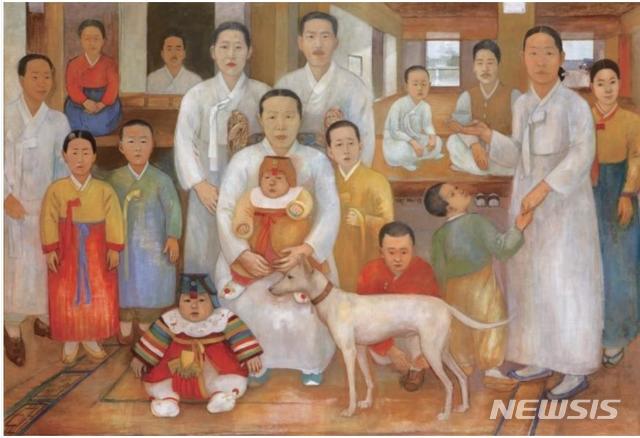 [서울=뉴시스] 배운성, 가족도, 1930년대, 캔버스에 유채, 140x 200cm. 사진=웅갤러리 제공. 등록문화재 534호. 2020.7.31. photo@newsis.com