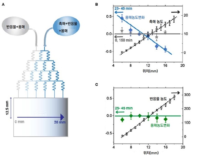 [서울=뉴시스] 촉매 농도 기울기를 가진 미세유체칩과 용매 이동.