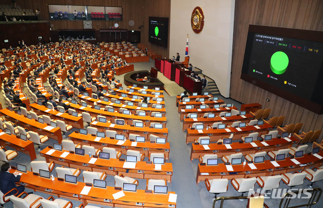 [서울=뉴시스] 장세영 기자 = 상가건물 임대차보호법 일부개정법률안이 30일 서울 여의도 국회에서 열린 본회의에서 미래통합당 의원들이 표결에 불참한 가운데 가결되고 있다. 2020.07.30.&nbsp; photothink@newsis.com