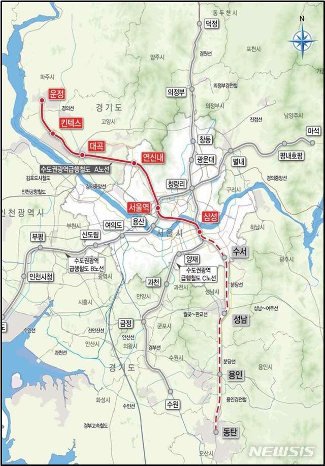 [수원=뉴시스] 수도권광역급행철도 A노선 노선도.(사진=경기도 제공)