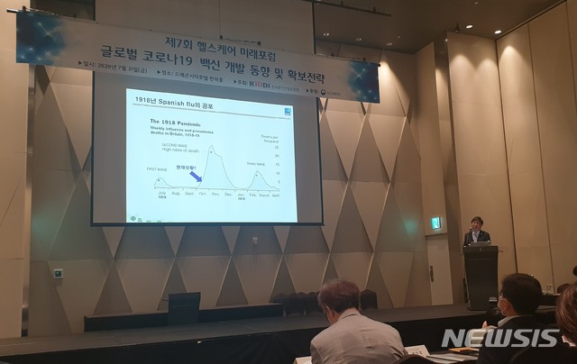 [서울=뉴시스] 정성원 기자 = 31일 오후 서울 용산구 드래곤시티호텔에서 보건복지부와 한국보건산업진흥원의 주최로 열린 '제7회 헬스케어 미래포럼'에서 묵현상 범부처신약개발사업단장이 주제발표를 진행하고 있다. 2020.07.31. photo@newsis.com