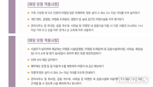 [세종=뉴시스]생활 속 거리 두기 장소별 세부 지침 중 야영장 이용자(위)와 종사자·관리자 적용 사항을 편집한 그림. (이미지=중앙방역대책본부 제공). 2020.08.02. photo@newsis.com