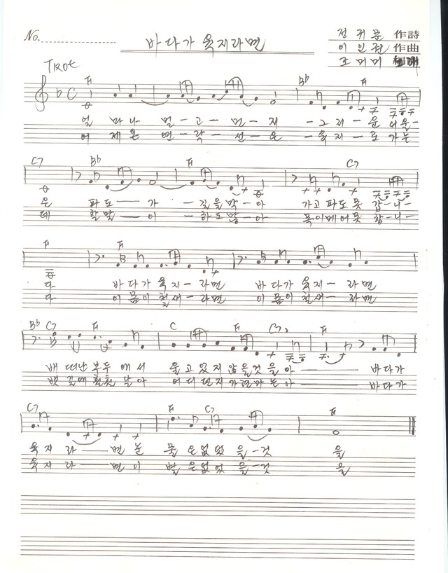 [서울=뉴시스] '바다가 육지라면' 친필 악보. 2020.08.02. (사진 = 박성서 대중음악평론가 제공) photo@newsis.com 