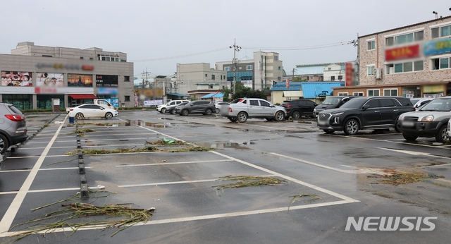 [음성=뉴시스] 조성현 기자 = 지난 2일 집중호우로 시가지가 물에 잠겼던 충북 음성군 삼성면 한 상가 주차장이 3일 오전 물이 빠지면서 수초더미가 나뒹굴고 있다. 2020.08.03. 