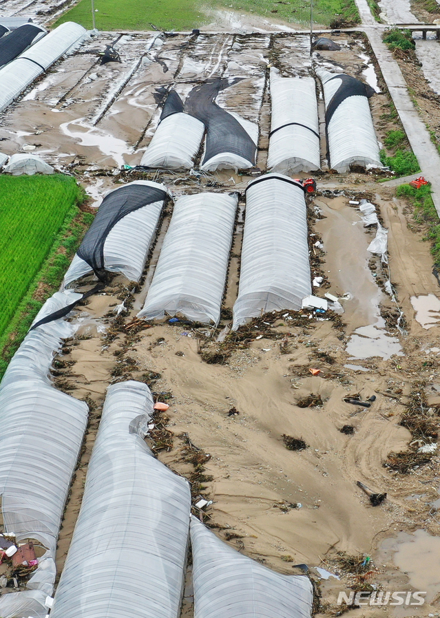 [이천=뉴시스] 김종택기자 = 6일 오전 집중호우로 피해를 입은 경기 이천시 율면 산양리의 한 비닐하우스가 밀려든 토사로 뒤덮혀 있다. 2020.08.06. semail3778@naver.com