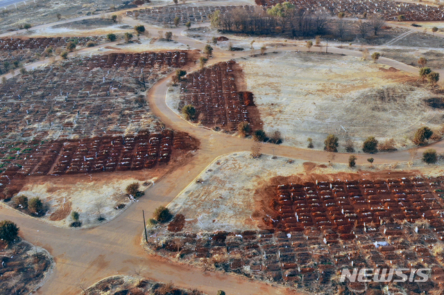 [요하네스버그=AP/뉴시스]5일(현지시간) 남아공 요하네스버그 외곽의 한 공동묘지에 최근 매장을 마친 무덤들이 보인다. 아프리카의 코로나19 누적 확진자 75%는 남아프리카공화국, 이집트, 나이지리아, 가나, 알제리 등 5개국에서 나왔고 이중 남아공에서 절반이 넘게 나왔다. 남아공의 코로나19 누적 확진자 수는 52만9877명이고 사망자는 9298명으로 집계됐다. 2020.08.06. 