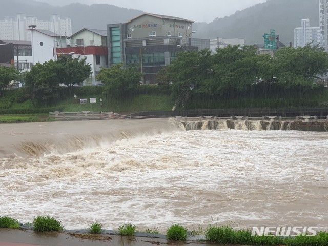 [정읍=뉴시스] 이학권 기자 =간밤에 내린 장맛비로 8일 전북 정읍시 정읍천의 수위가 높아지고 있다. (사진 = 뉴시스 DB).2020.08.08. photo@newsis.com