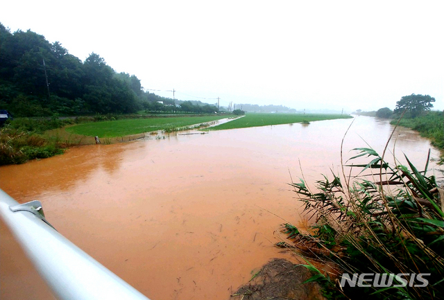 [나주=뉴시스]이창우 기자 = 8일 전남 지역에 호우경보가 발령된 가운데 이틀 연속 폭우가 쏟아진 나주 지역 곳곳에서 침수 피해가 발생했다. 사진은 물에 잠긴 나주 반남면 들녘. 나주 지역은 전날 누적 강수량 284.5㎜를 기록했다. 2020.08.08.&nbsp; lcw@newsis.com