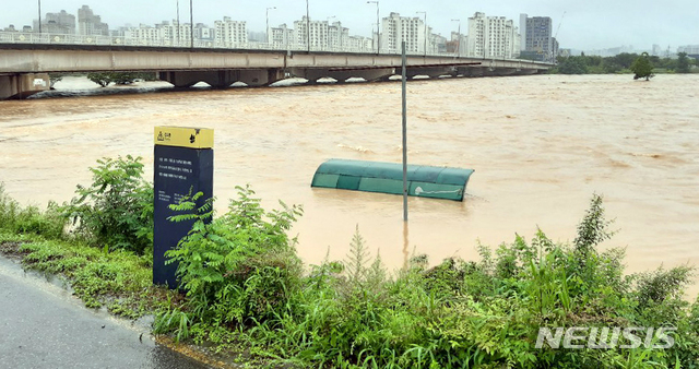 [광주=뉴시스] 변재훈 기자 = 광주·전남에 이틀간 최고 500㎜의 기록적 폭우가 쏟아진 가운데 8일 광주 광산구 영산강변 첨단교 턱밑까지 강물이 차오르고 있다. 이날 영산강 수계 전역에는 홍수 경보가 내려져 있다. (사진=독자 제공) 2020.08.08.&nbsp; photo@newsis.com