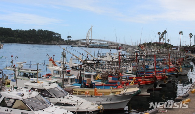 [제주=뉴시스] 양영전 기자 = 제5호 태풍 장미가 서귀포 남쪽 해상으로 북상하고 있는 가운데 제주 서귀포항에 선적들이 피항해 있다. 2020.08.09.&nbsp; 0jeoni@newsis.com 