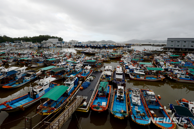 [사천=뉴시스]차용현 기자 = 제5호 태풍 '장미'가 북상 중인 가운데 10일 오전 경남 사천시 삼천포항에 크고 작은 선박들이 대피해 있다. 2020.08.10.con@newsis.com