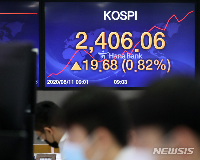 [서울=뉴시스] 조수정 기자 = 코스피 지수(종가)가 전날까지 5거래일 연속 연고점 기록을 경신하며 2,400선 돌파를 눈앞에 두고 있다. 11일 오전 서울 중구 을지로 하나은행 딜링룸에서 전광판의 코스피 지수가 2,406.06으로 나타나고 있다. 2020.08.11. chocrystal@newsis.com