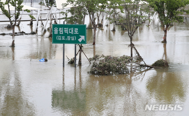 [서울=뉴시스] 박주성 기자 = 지난달 12일 오후 서울 반포 한강공원이 폭우로 인해 물에 잠겨 있다. 2020.08.12. park7691@newsis.com