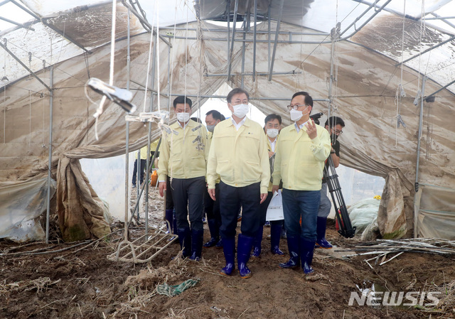 [천안=뉴시스]배훈식 기자 = 집중호우 피해현장 방문에 나선 문재인 대통령이 12일 충남 천안시 호우 피해농가인 오이 비닐하우스를 둘러보고 있다. 2020.08.12. dahora83@newsis.com