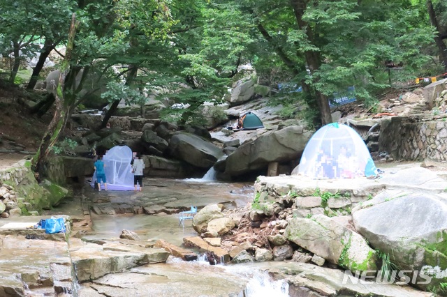 [남양주=뉴시스] 이호진 기자 = 13일 경기 남양주시 별내면 청학천 계곡을 방문한 행락객들이 텐트를 치고 여유로운 한 때를 보내고 있다. 2020.08.13. asake@newsis.com 