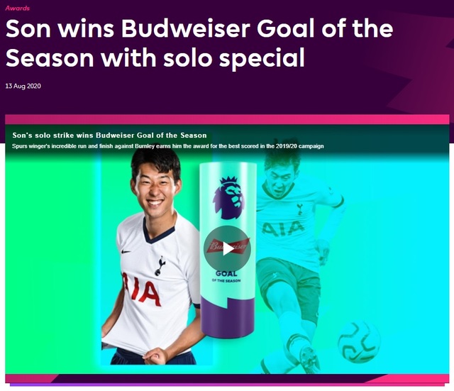 [서울=뉴시스] 손흥민(28·토트넘)의 번리전 70m 원더골이 EPL 사무국 선정 올해의 골로 뽑혔다. (캡처=EPL 홈페이지)