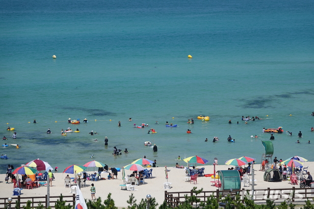 [제주=뉴시스] 강정만 기자= 광복절 연휴 마지막날인 17일 제주시 곽지해수욕장이 피서객들이 물놀이를 하고 있다. 2020.08.17&nbsp; kjm@newsis.com 
