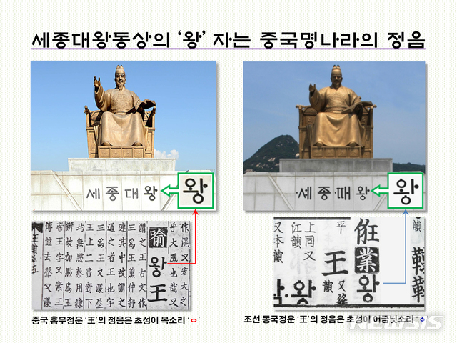[서울=뉴시스] 왼쪽은 광화문광장 세종대왕동상의 모습. 본래 ‘ㆁ’으로 써야 할 ‘왕’자의 초성을 ‘ㅇ’으로 새겼다. 이는 조선의 ‘동국정운’이 아닌 중국 명나라의 ‘홍무정운’식 표기임. 오른쪽은 2018년 11월27일자 <국어의 혼란스런 민낯, 광화문 세종대왕 동상 글자체>에서 제시한 박대종의 교정안.