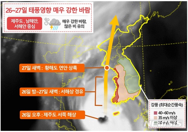 [서울=뉴시스]타이완 인근에서 발생한 제8호 태풍 '바비'(BAVI)는 내일(26일)부터 모레(27일)까지 한반도에 가장 큰 영향을 미칠 것으로 예상된다. 태풍 바비는 모레 황해도 연안에 상륙할 것으로 보이는데, 상륙 직전까지도 여전히 강한 세력을 유지할 것으로 보여 영향 범위에 드는 우리나라에 매우 강한 바람과 최대 500㎜의 강수 등 상당한 영향을 줄 것으로 보인다. 특히 제주도, 전남 남해안, 서해안을 중심으로는 폭풍해일이 발생할 가능성도 있는 것으로 전망된다. 2020.8.25(사진=기상청 제공) photo@newsis.com