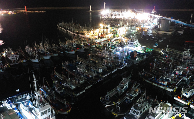 [제주=뉴시스]우장호 기자 = 제8호 태풍 '바비(BAVI)'가 우리나라를 향해 북상 중인 25일 오후 제주시 건입동 제주항에 어선과 관공선이 높은 파도를 피해 정박해 있다. 2020.08.25. woo1223@newsis.com